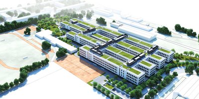 Rendering des zukünftigen Bürogebäudes in München - Freimann für die BMW AG.
