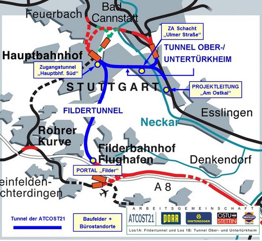Da sämtliche Arbeiten für den Fildertunnel und dem Tunnel nach Ober- und Untertürkheim entgegen der ursprünglichen Planung von nur drei Baufeldern aus erfolgen, mussten zahlreiche Bauabläufe umgestellt werden. Quelle: DB-PSU / ATCOST21