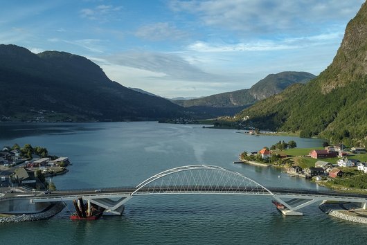 The finished bridge works crossing the fjord near the city of Sogndal. 