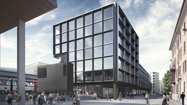 Das Bürogebäude „Gleisarena“ ist ein markanter Blickfang am Hauptbahnhof. Quelle: PORR