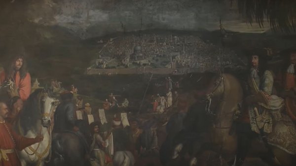 17th century oil painting with horsemen on a hill in the foreground and Jerusalem in the background