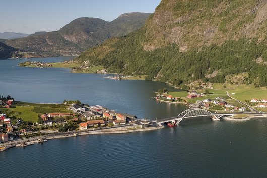 The finished bridge works crossing the fjord near the city of Sogndal.