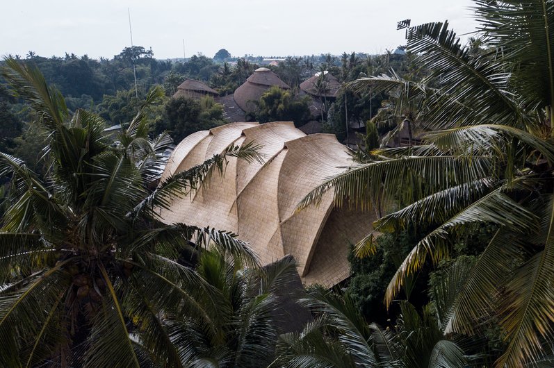 A large bamboo building surrounded by dense tropical vegetation.