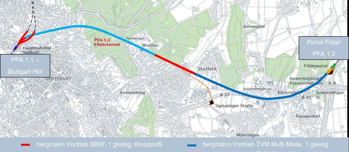 The tunnelling work for the two tunnel tubes between the Filder level and the underground station will be carried out in six stages. Source: DB-PSU
