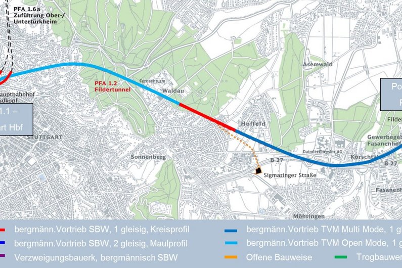 Die Vortriebsarbeiten für die zwei Tunnelröhren zwischen der Filderebene und dem Tiefbahnhof erfolgen in sechs Teilschritten. Quelle: DB-PSU