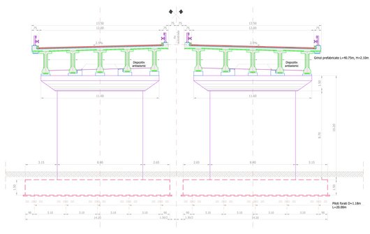 Bridge cross-section of the largest prefabricated girders, which have a length of 40.75m and a height of 2.10m.
