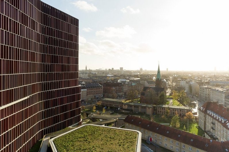 Modern high-rise building with an eye-catching exterior.