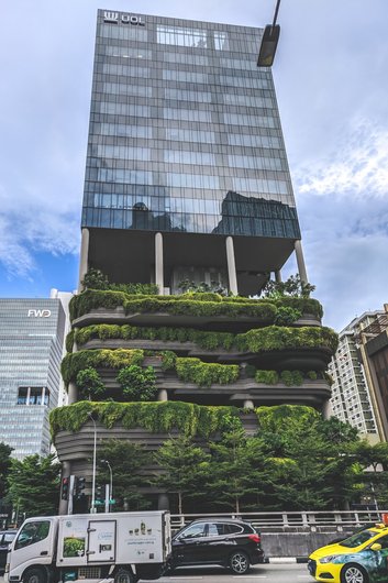 The Park Royal Hotel in Singapore with lush vertical gardens over several floors.