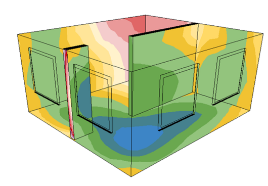 Simulation eines Gebäudes mit grünen, gelben, blauen und roten Bereichen, die die Lichtverhältnisse darstellen