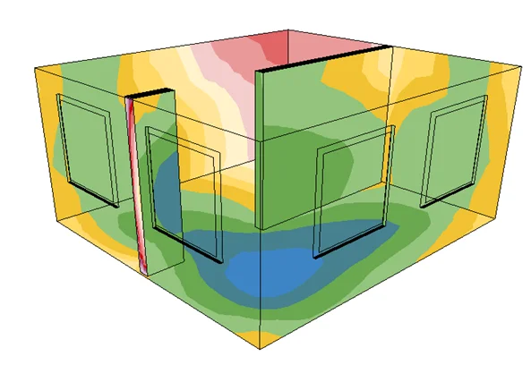 Simulation eines Gebäudes mit grünen, gelben, blauen und roten Bereichen, die die Lichtverhältnisse darstellen