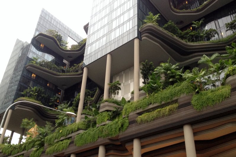 The Parkroyal on Pickering Hotel in Singapore with its green façade and terraced gardens.