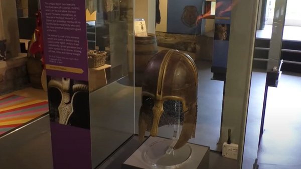Helmet in a display case in the York Museum