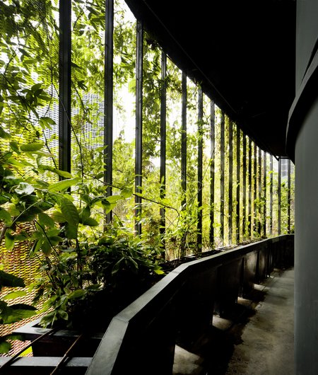 Part of the Oasia Hotel in Singapore with lush vertical greenery.